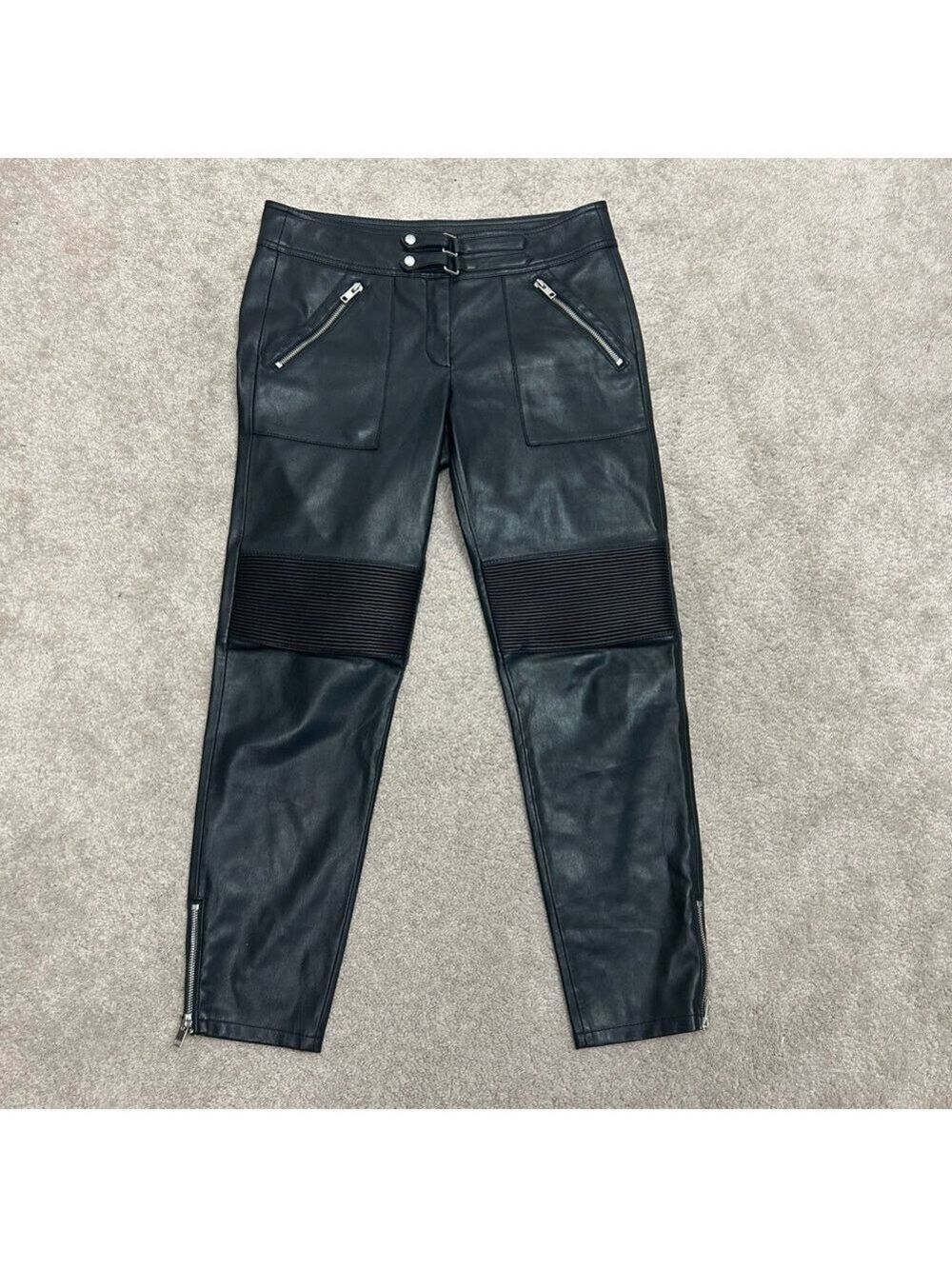 MNG Mango black faux leather moto biker pants leggings 6 vegan pleather zippered